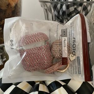 1 & 2 generation Apple AirPod case &round ball key fob pink Bling rhinestone set